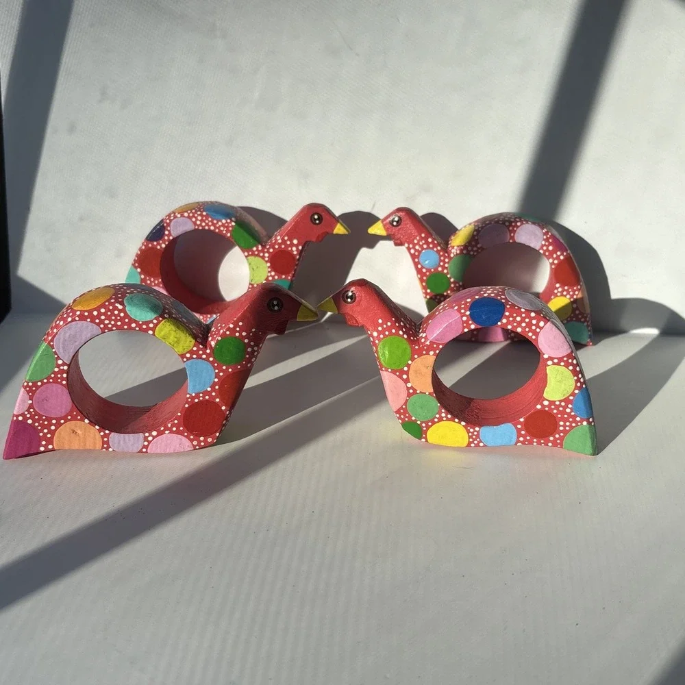 Set of 4 Vintage Hand Painted Wooden Bird Napkin Rings Red Polka Dot Folk Art